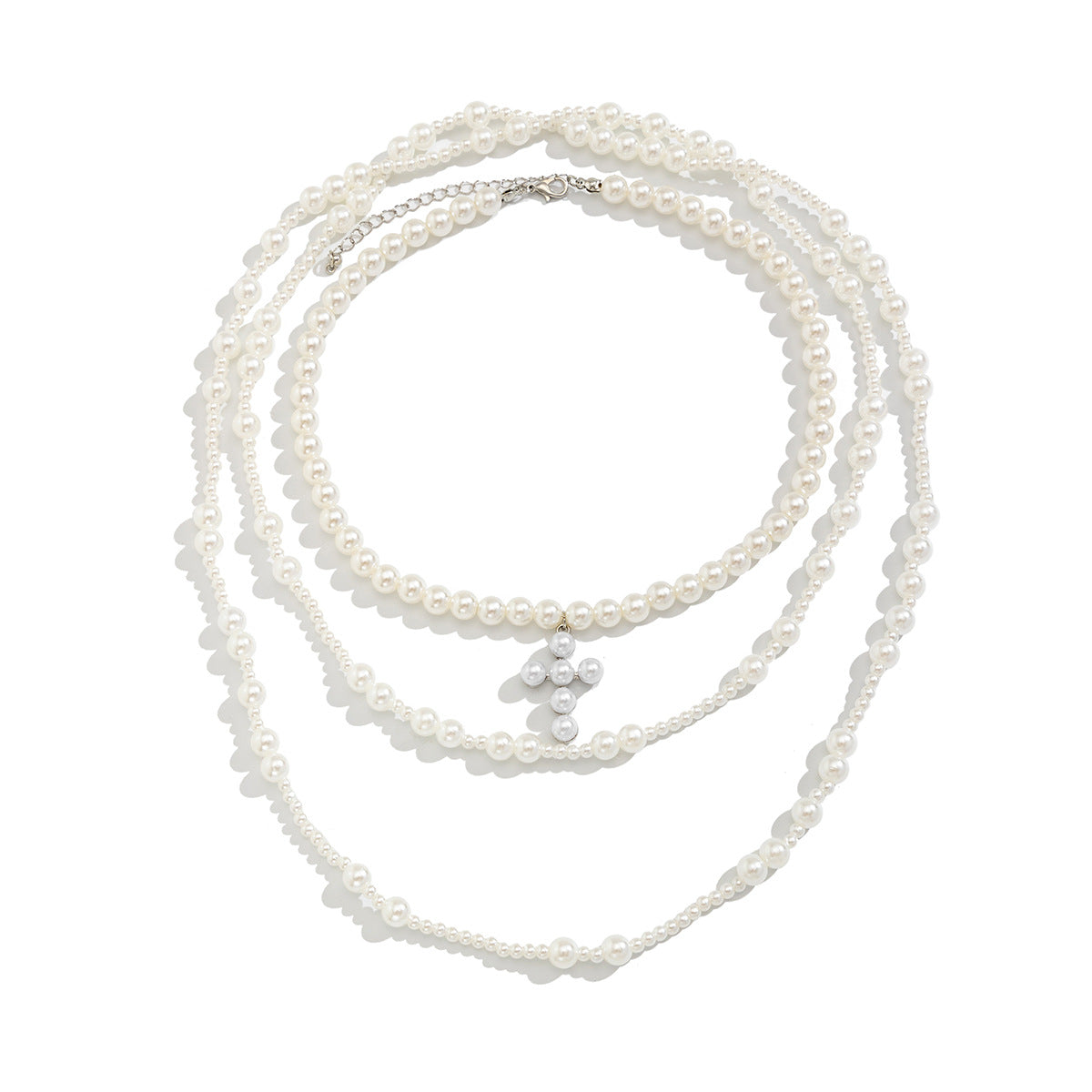 Cold wind imitation pearl tassel multi-layer necklace geometric cross pendant collarbone chain