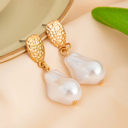 Baroque pearl geometric pendant earrings French retro irregular metallic earrings