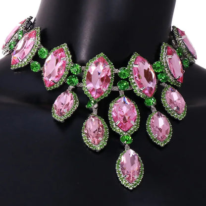 Exaggerated Geometric Pink and Green Rhinestone Necklace for Women Fashion Big Choker Necklace for Gift Drag Queen Jewelry