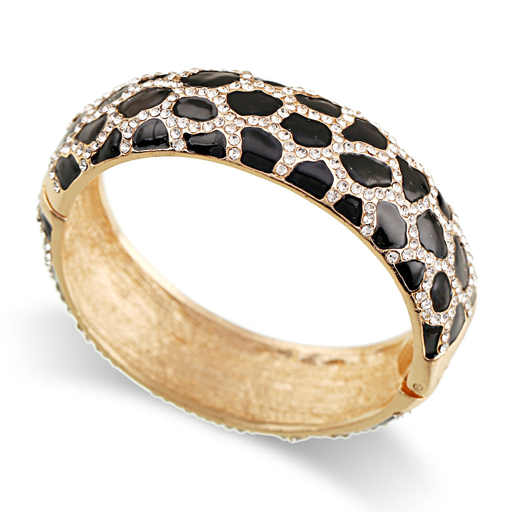 Leopard patterned enamel full diamond drop glaze fashionable alloy open bracelet in 6 colors