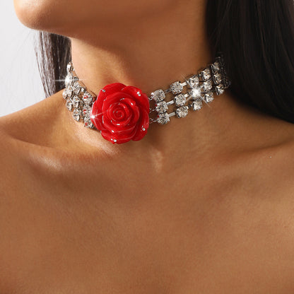 Diamond inlaid three-dimensional rose necklace with multiple rows of sparkling diamond collarbone chains