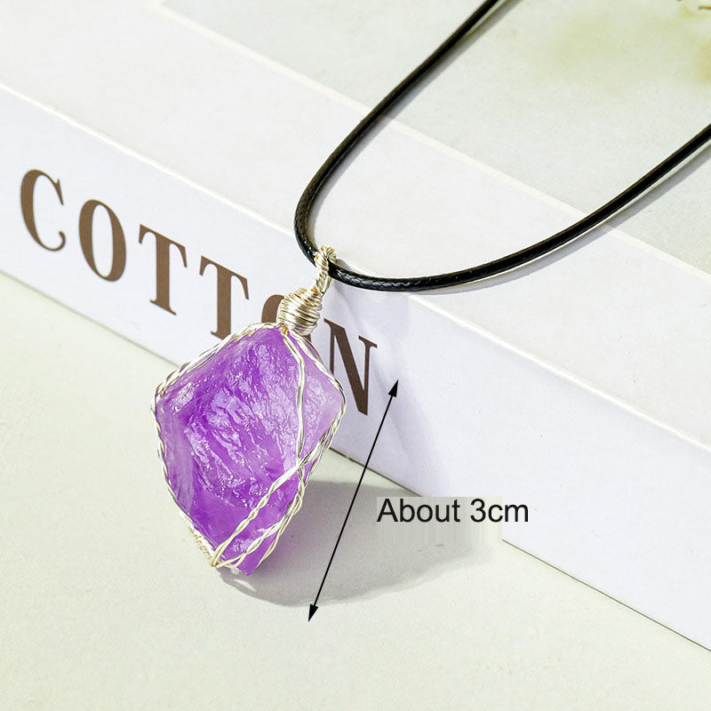 Amethyst raw stone wrapped silk pendant, handmade wrapped wire mesh bag necklace, sweater chain jewelry pendant