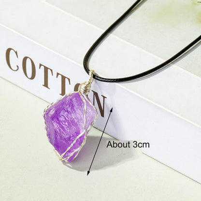 Amethyst raw stone wrapped silk pendant, handmade wrapped wire mesh bag necklace, sweater chain jewelry pendant