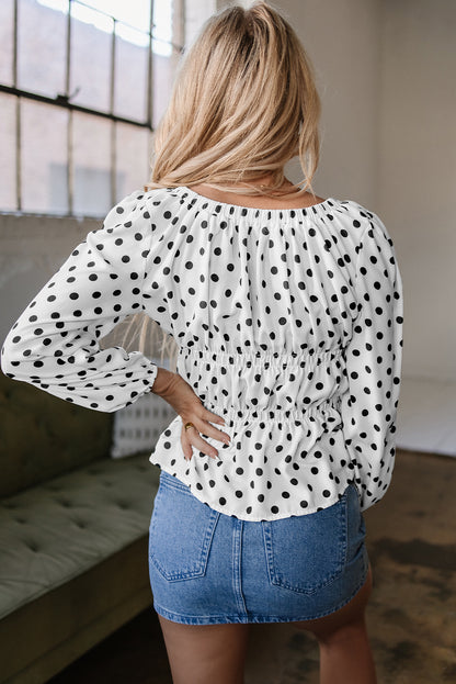 Black Polka Dot Puff Sleeve Bow Square Neck Peplum Top