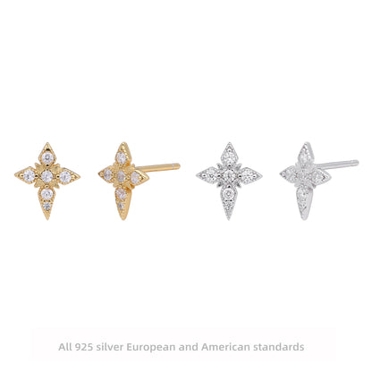 S925 Sterling Silver Diamond Four Eight-pointed Stars Stud Earrings