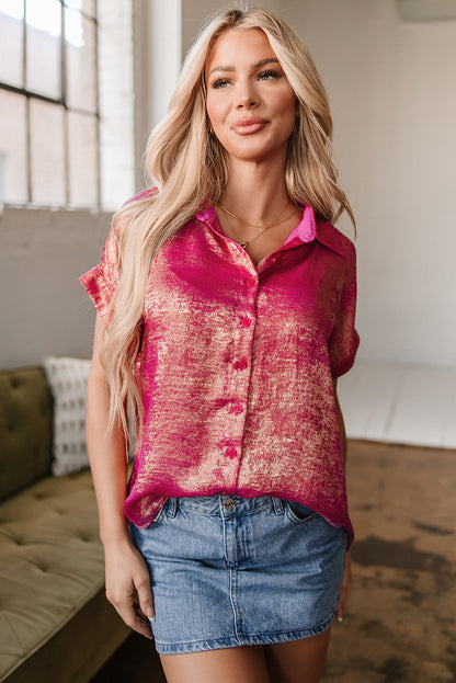 Rose Red Metallic Sheen Short Sleeve Buttoned Front Casual Shirt