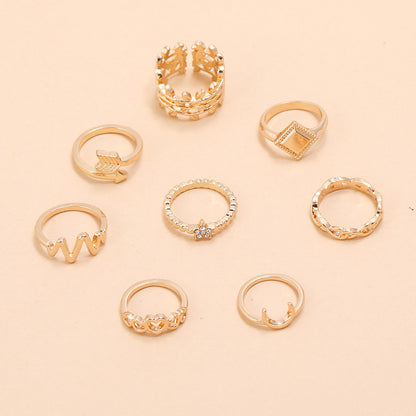 ECG Hollow Heart Star Moon Boat Anchor Square 8-piece Ring Set