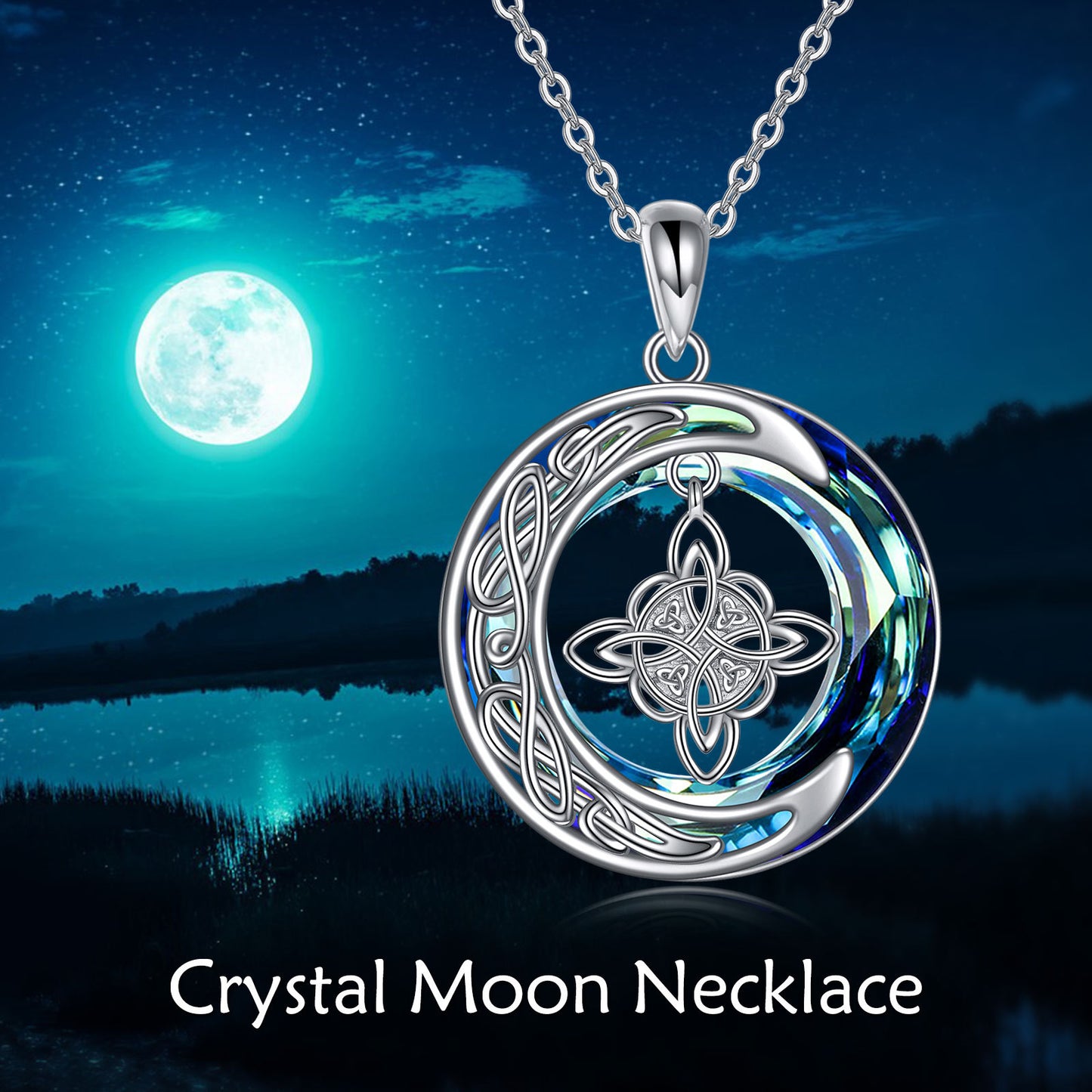 Celtic Moon Witch Knot 925 Sterling Silver Witch Good Luck Crystal Necklace