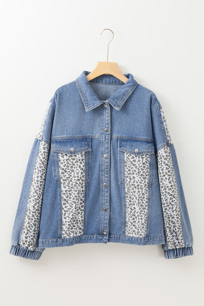 Beau Blue Leopard Patchwork Flap Detail Plus Size Denim Jacket