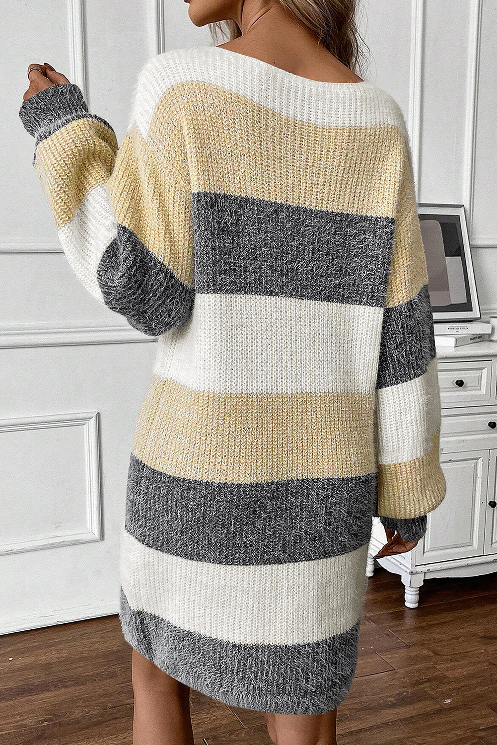 Gray Stripe Colorblock Bubble Sleeve Drop Shoulder Sweater Dress