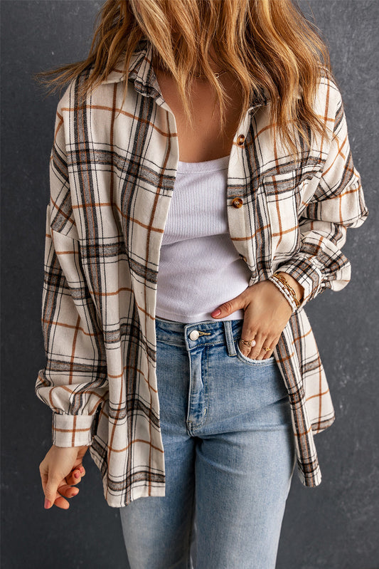 White Oversized Plaid Pattern Shacket with Slits