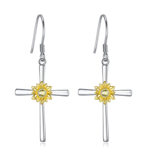 Sunflower Earrings Sterling Silver Cross Dangle Drop Hooks Earrings Sunflower Flower Jewelry Gifts for Women Teens Birthday