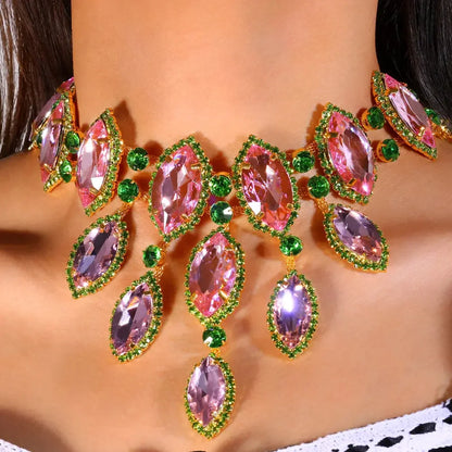 Exaggerated Geometric Pink and Green Rhinestone Necklace for Women Fashion Big Choker Necklace for Gift Drag Queen Jewelry