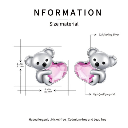 925 Sterling Silver Koala Bear Cute Animal Hypoallergenic Heart Crystal Earrings Jewellery