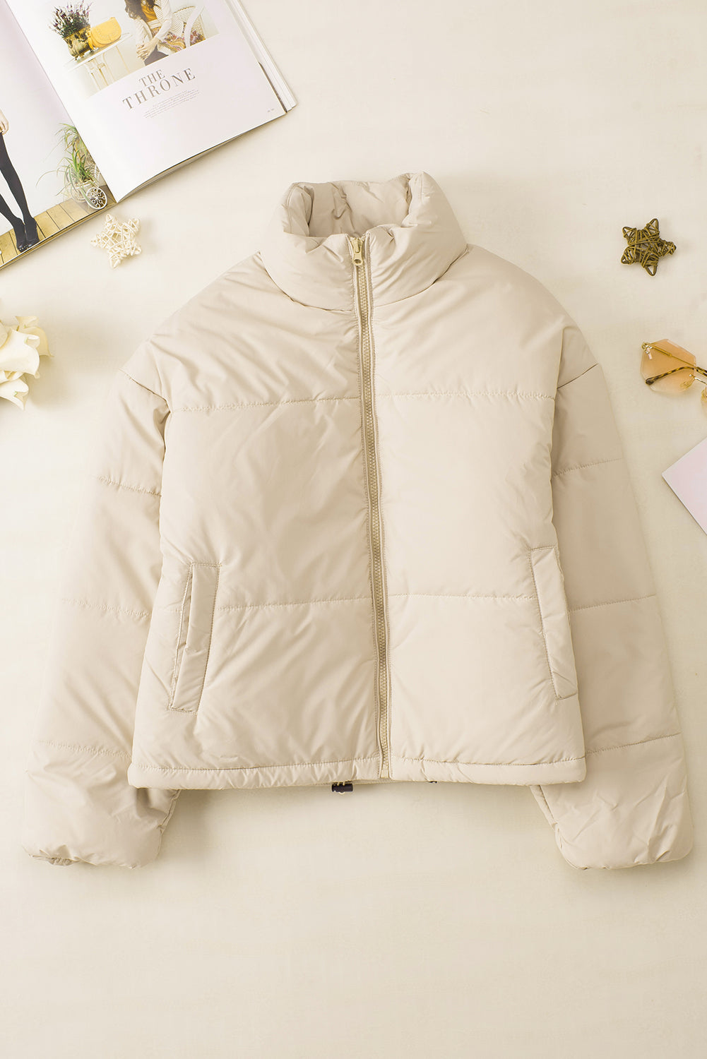 Apricot Zip Up Drawstring Hem Puffer Jackets