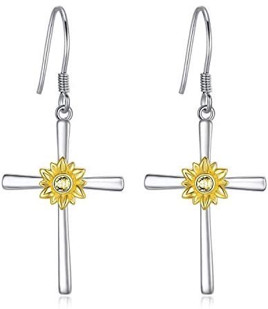 Sunflower Earrings Sterling Silver Cross Dangle Drop Hooks Earrings Sunflower Flower Jewelry Gifts for Women Teens Birthday