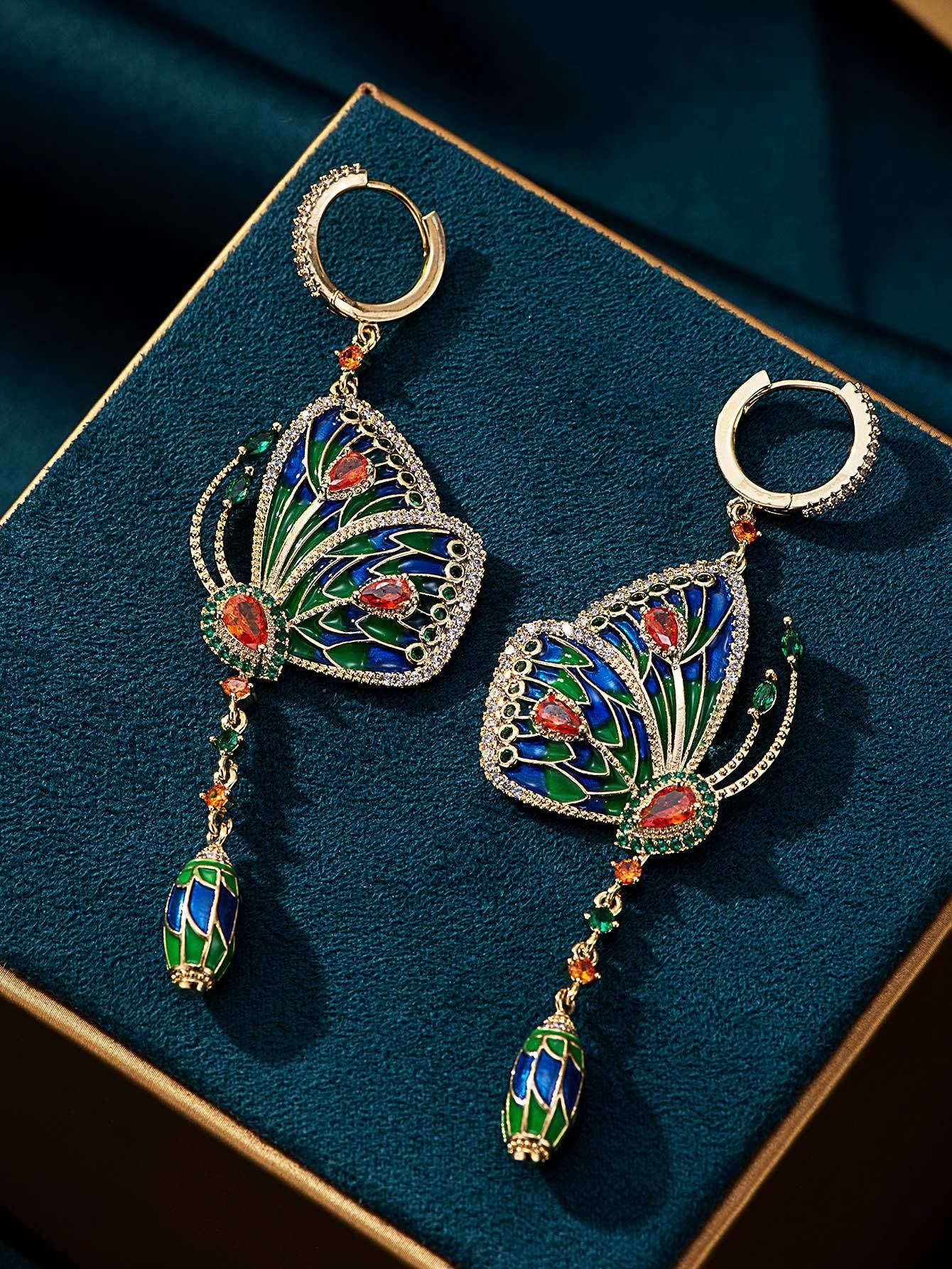 Butterfly Ear Buckle Colorful Diamond Set Long Earrings Fashion Earrings