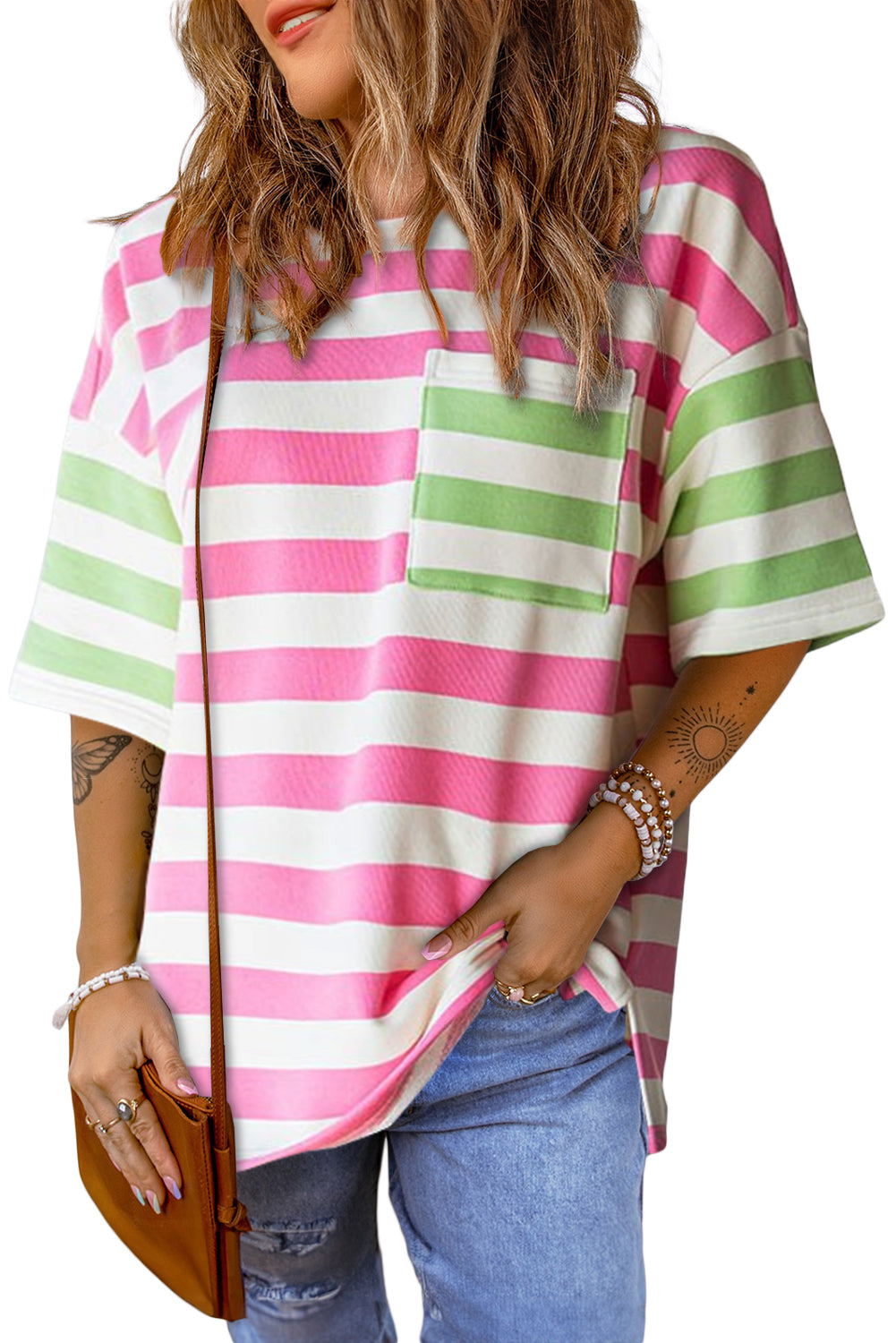 Pink Stripe Contrast Patch Pocket Drop Sleeve T Shirt