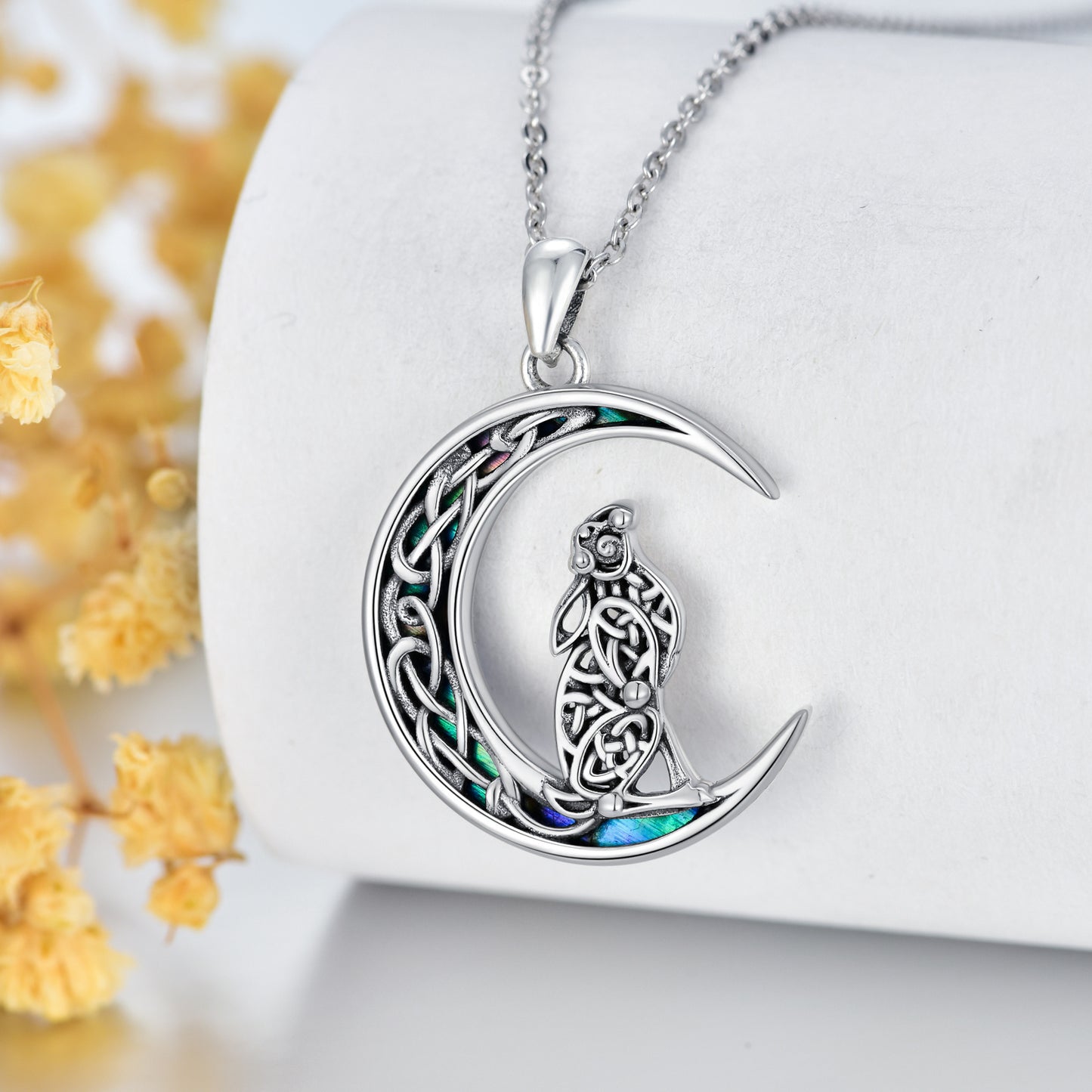 Celtic Knot Bunny Moon Necklace Sterling Silver Abalone Shellfish Pendant Jewelry Gifts