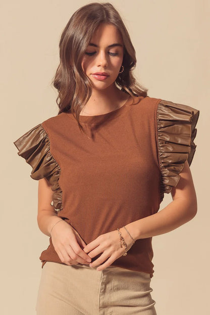 Cinnamon Leather Ruffle Sleeve Patchwork Round Neck Blouse