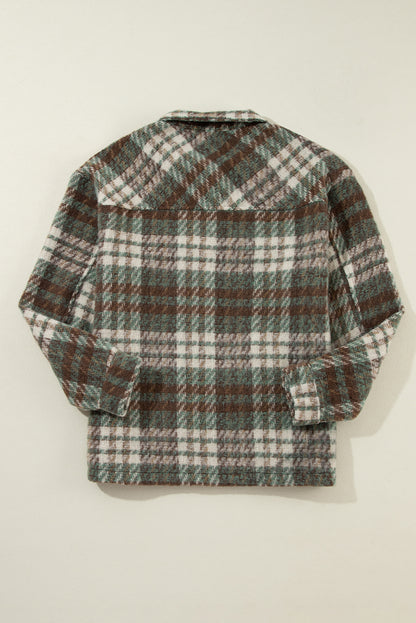 Mist Green Plaid Print Chest Pockets Turn Down Collar Shacket