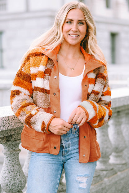 Brown Quilted Patch Pockets Aztec Furry Jacket