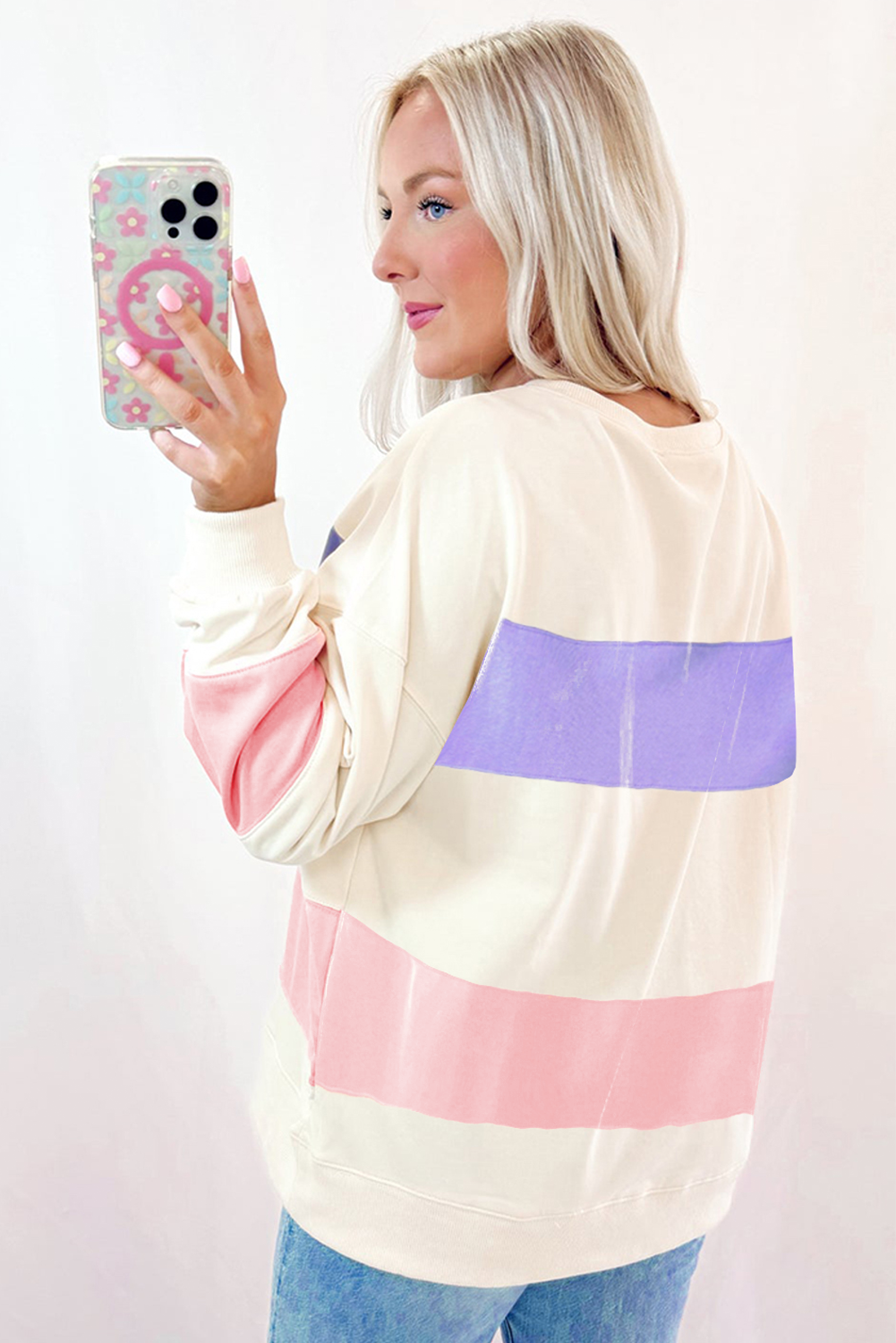 Beige Colorblock Patchwork Drop Shoulder Crewneck Sweatshirt