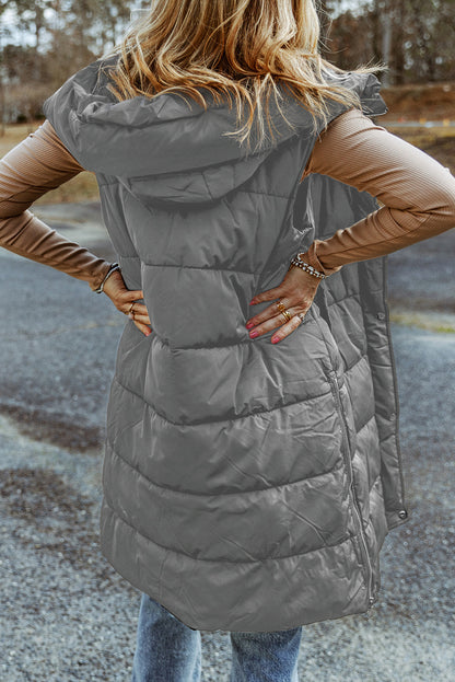 Dark Grey Hooded Long Quilted Vest Coat