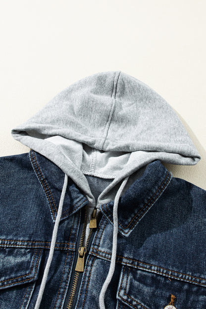 Dark Blue Fake Two-Piece Hooded Zip-Up Denim Jacket