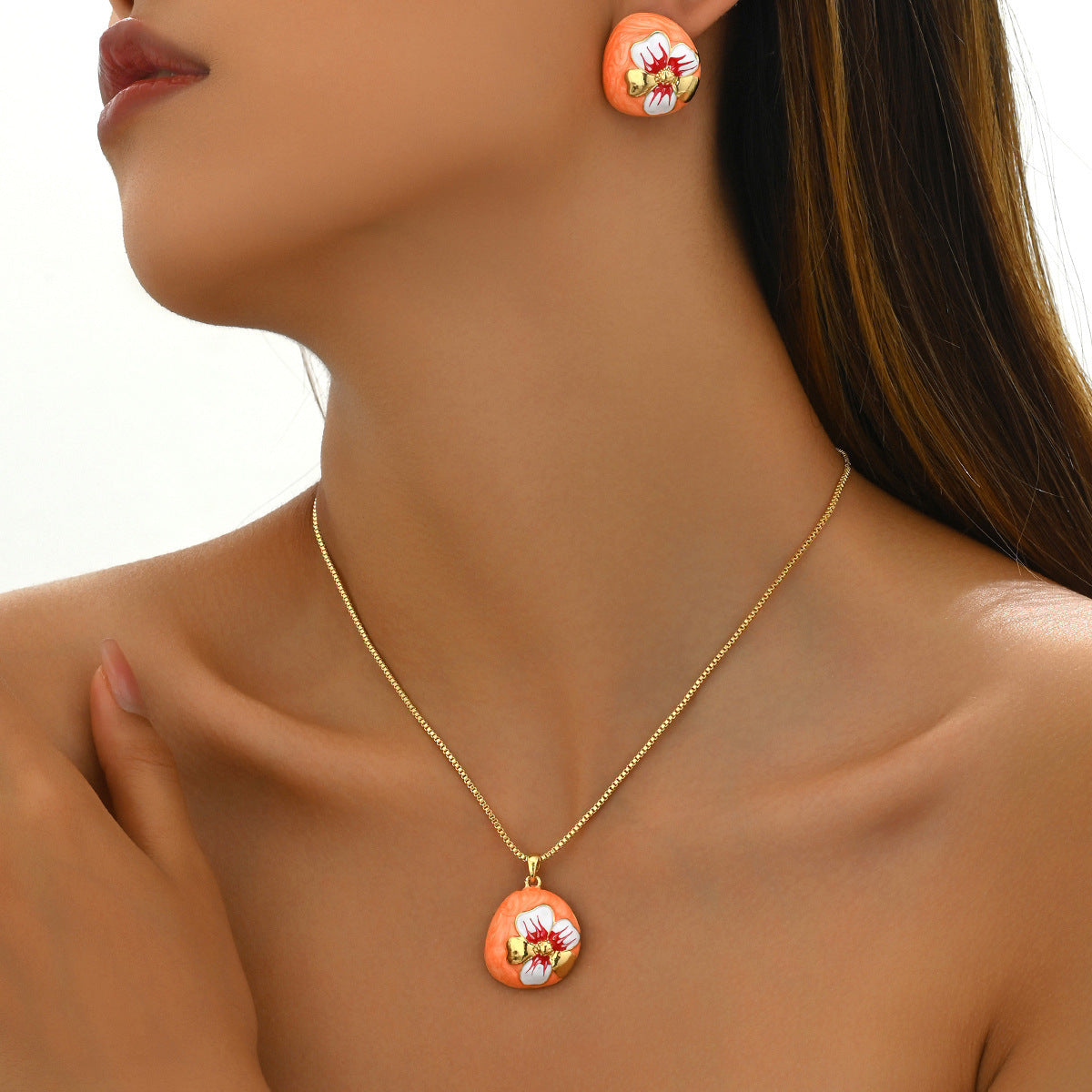 Necklace And Earrings Suite Women's Oil-coated Flower Design