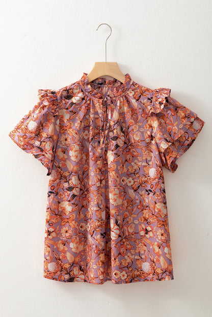 Orange Floral Print Ruffled Flutter Sleeve Frilled V Neck Blouse