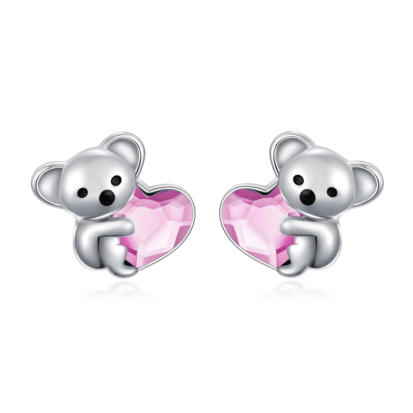 925 Sterling Silver Koala Bear Cute Animal Hypoallergenic Heart Crystal Earrings Jewellery