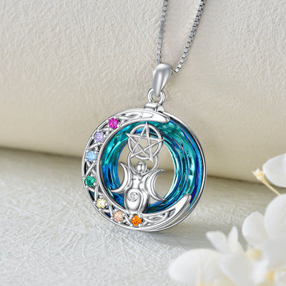 Chakra Triple Moon Goddess Crystal Necklace In White Gold Plated Sterling Silver