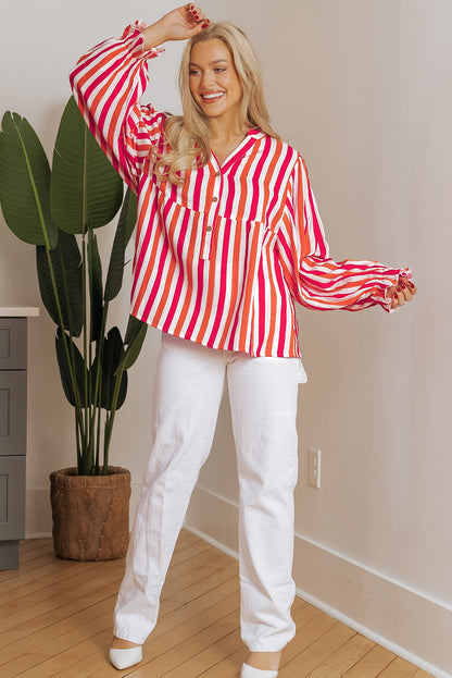 Orange Stripe Balloon Sleeve Notched V Neck Buttoned Front Blouse