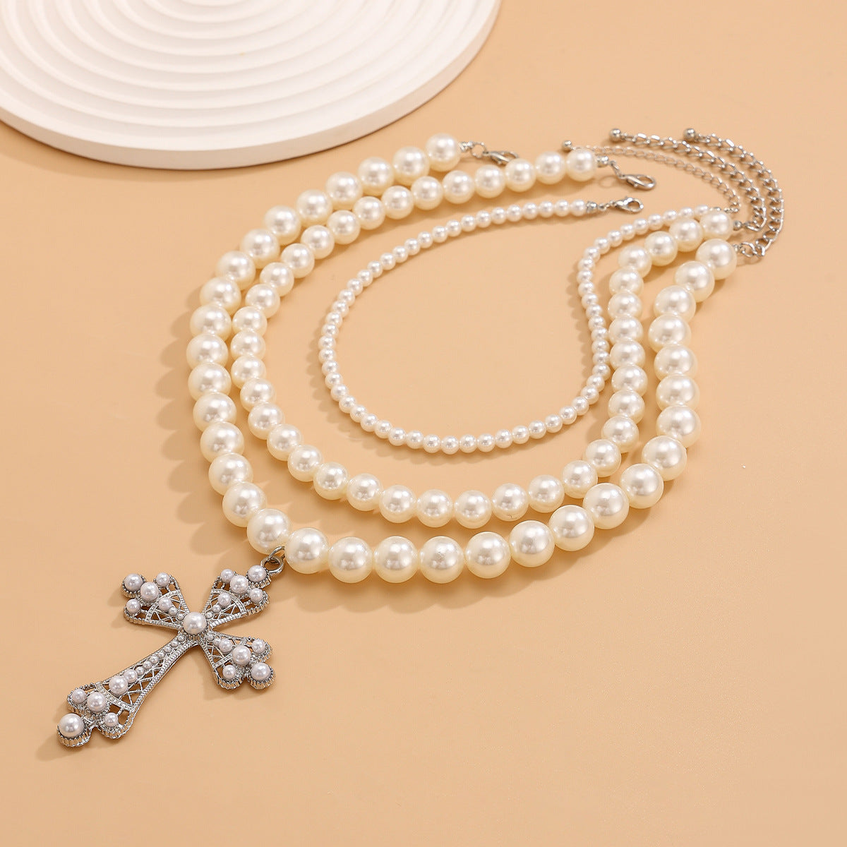 Punk Pearl Multi layer Necklace Set with Personalized Hollow Cross Stacked Collarbone Chain