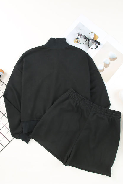 Black Casual High Neck Henley Top and Short Outfit