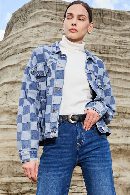 Light Blue Checkered Patchwork Button up Denim Jacket