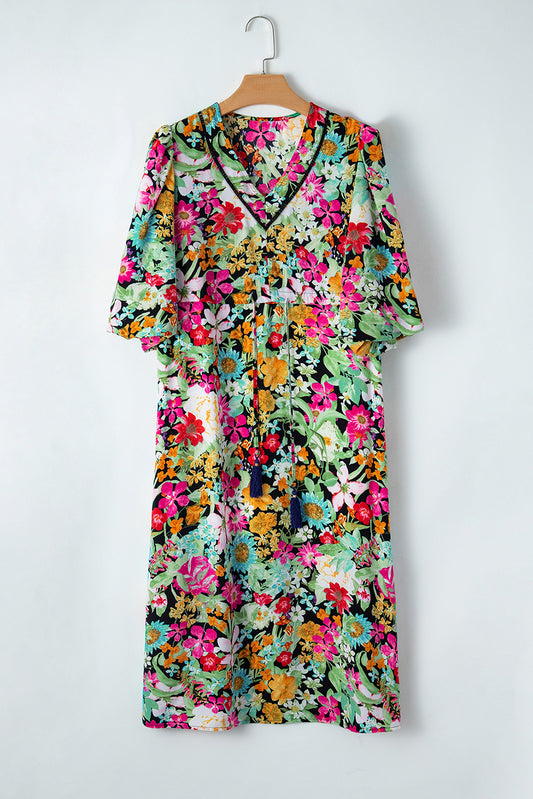 Green Floral Puff Sleeve V Neck Tassel Drawstring Dress