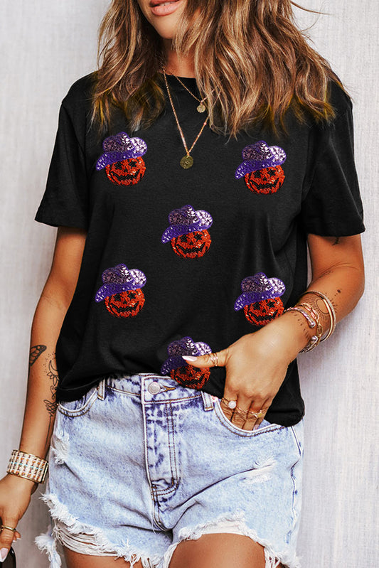 Black Sequin Hat Pumpkin Graphic Crewneck Halloween T Shirt