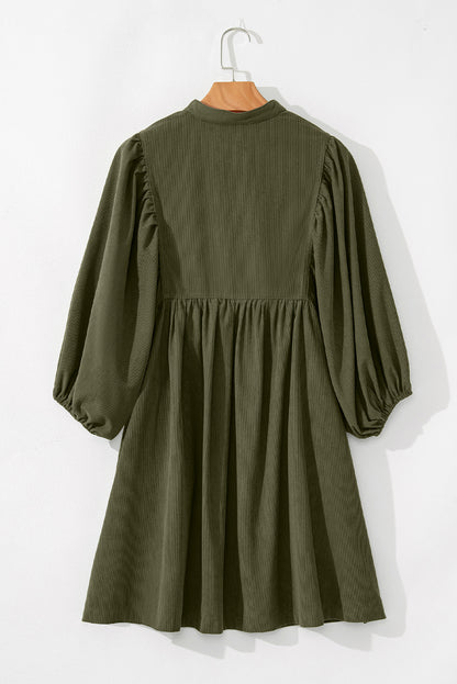 Vineyard Green Corduroy Snap Buttons Empire Waist Bracelet Sleeve Dress