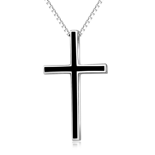 Men's Black Cross Pendant Jewelry 925 Sterling Silver Classic Cross Necklace