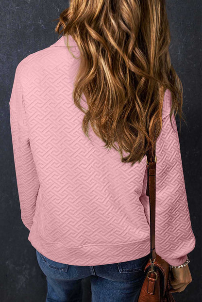 Light Pink Solid Textured Half Zipper Collared Sweatshirt