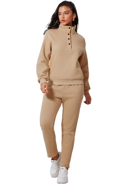 Parchment Solid Half Button Sweatshirt and High Waist Sweatpants Set