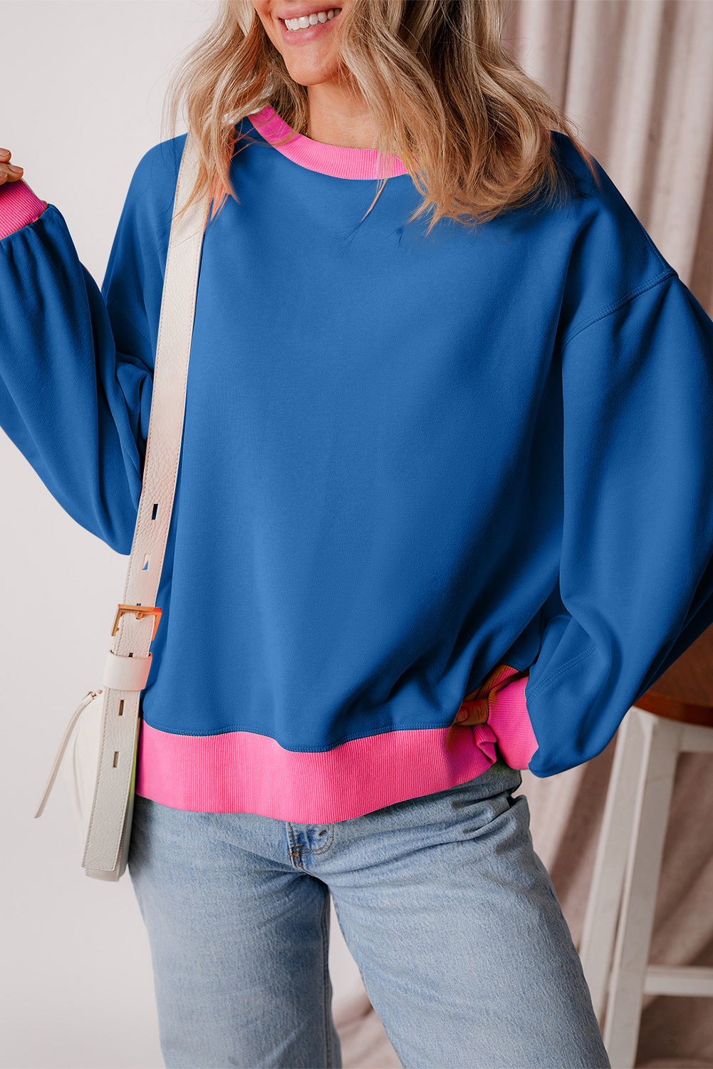 Blue Colorblock Bubble Sleeve Sweatshirt