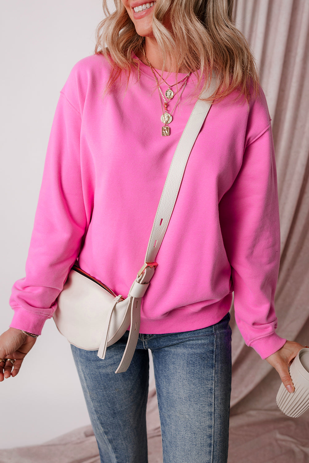 Bonbon Solid Fleece Lined Drop Shoulder Terry Sweatshirt