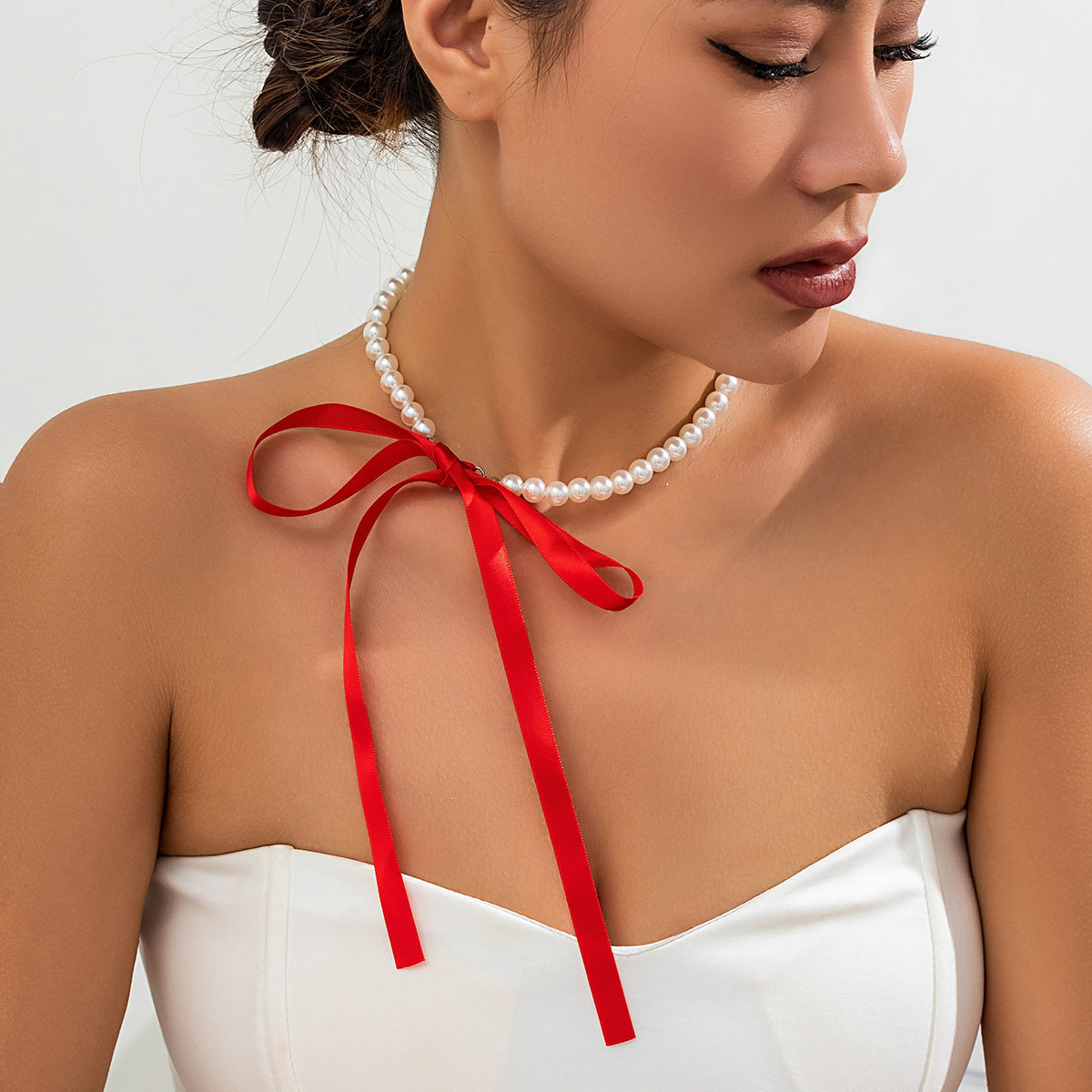 Vintage French court pearl necklace with a simple DIY velvet bow necklace