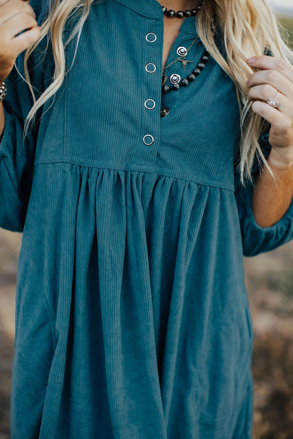 Blue Corduroy Snap Buttons Empire Waist Bracelet Sleeve Dress