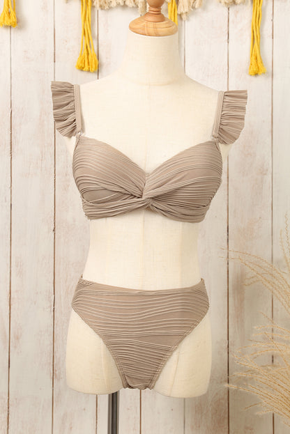 Pale Khaki Wavy Textured Ruffled Straps Twist Bikini Swimsuit