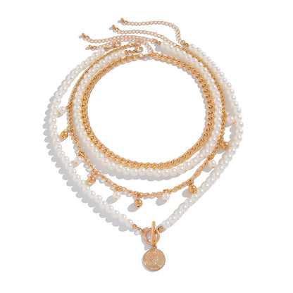 French elegant pearl bead necklace, fashionable commuting alloy multi-layer aluminum chain, collarbone chain