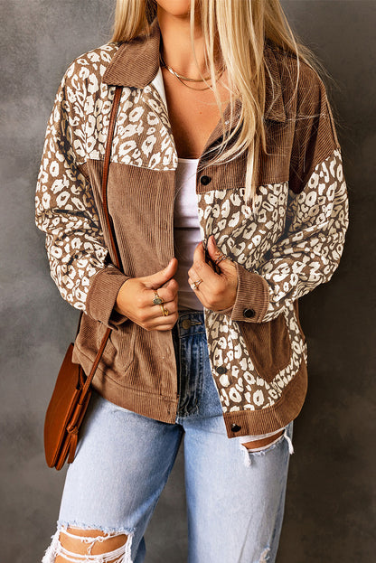 Brown Leopard Print Corduroy Long Sleeve Jacket